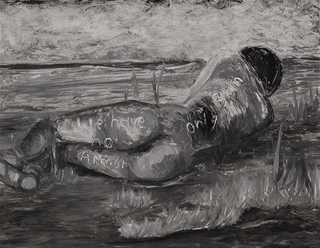 Oil print of figure laying prone away from view toward horizone line